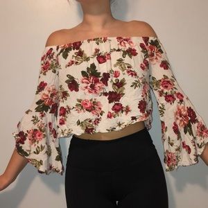 off the shoulder cropped floral shirt